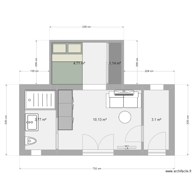 studio. Plan de 5 pièces et 23 m2