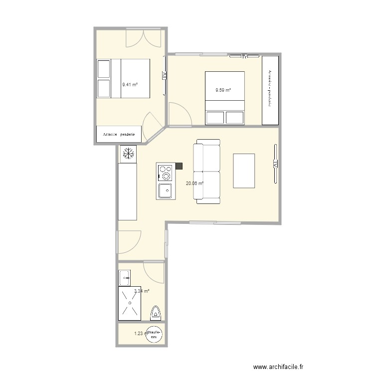 r1 ok. Plan de 5 pièces et 44 m2