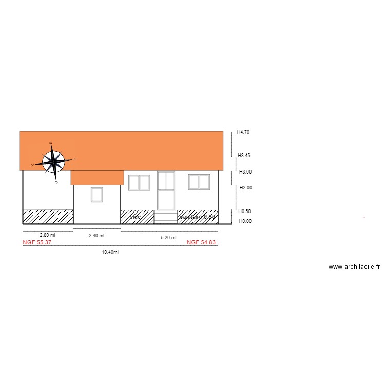 Facade OUEST           chalet 46. Plan de 3 pièces et 31 m2