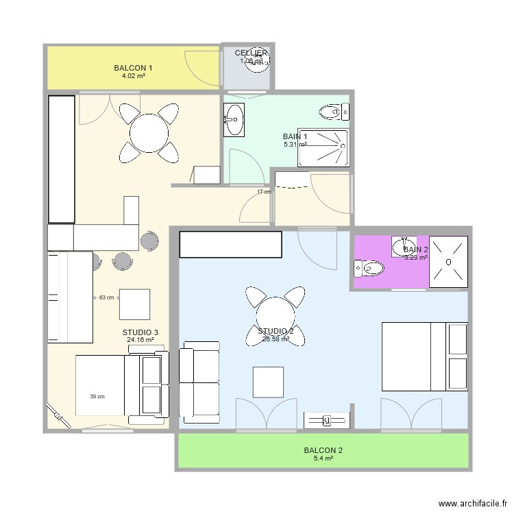 Studios 2 1. Plan de 0 pièce et 0 m2