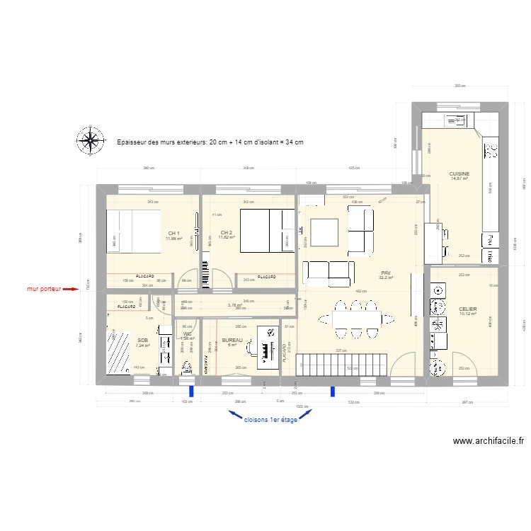 RENOVATION TEST  2 chambres OUEST mars 2023. Plan de 11 pièces et 133 m2