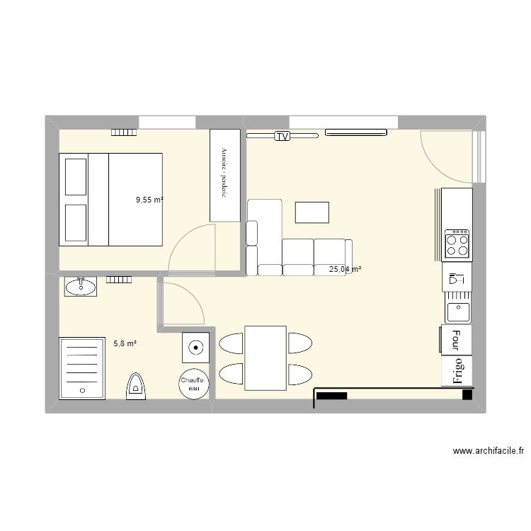 RDC Feodora avec Meuble. Plan de 3 pièces et 40 m2