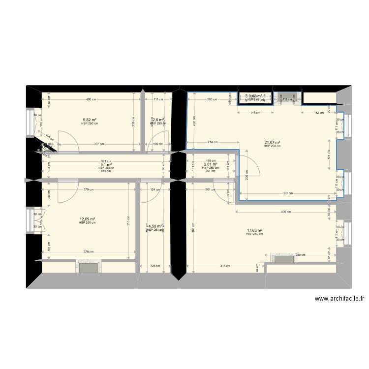 Bakkali existant. Plan de 13 pièces et 79 m2