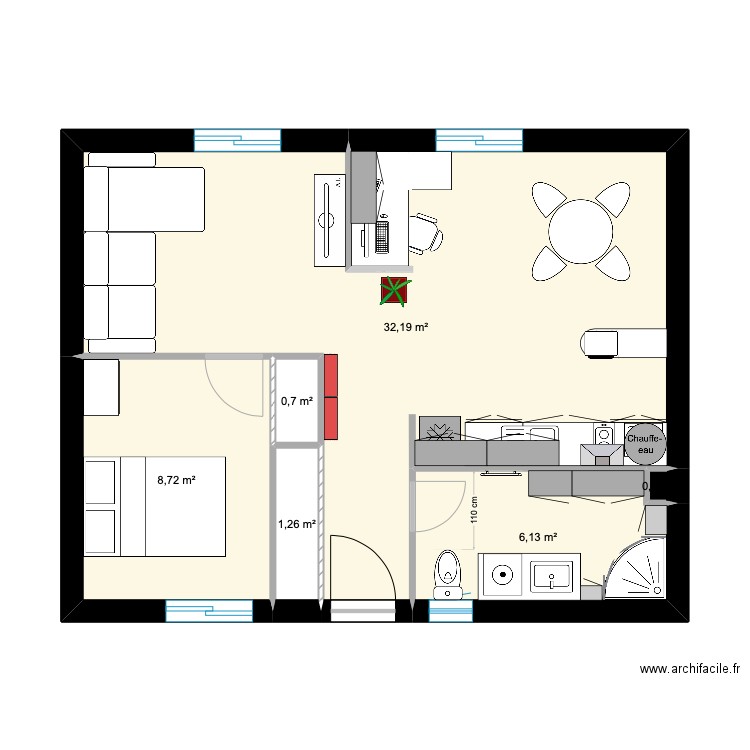 T1 CONFORTABLE. Plan de 6 pièces et 49 m2