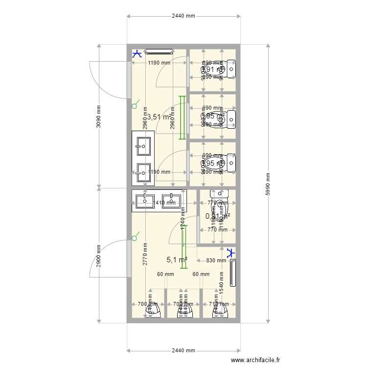 RAAL 2021 Sanitaire V2. Plan de 6 pièces et 12 m2