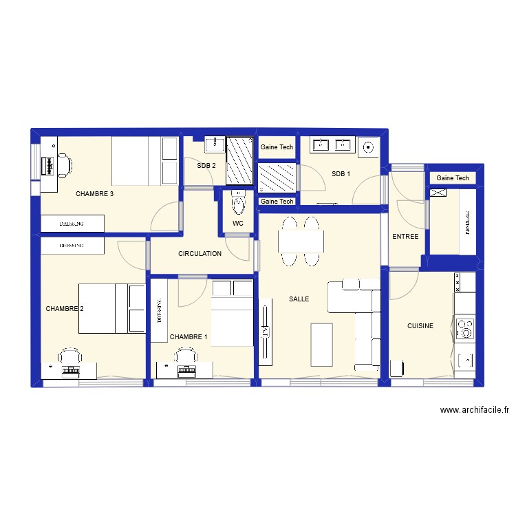 Coloc Boufflers. Plan de 15 pièces et 75 m2