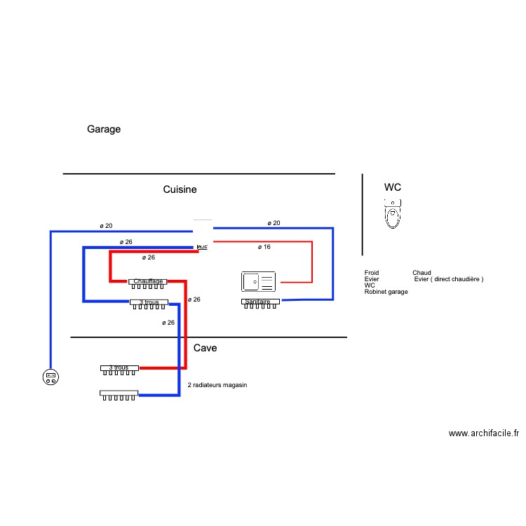 Shèma RDC Chauffage et Sanitaire. Plan de 0 pièce et 0 m2