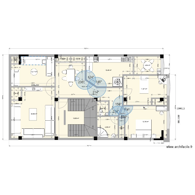 fers. Plan de 14 pièces et 121 m2