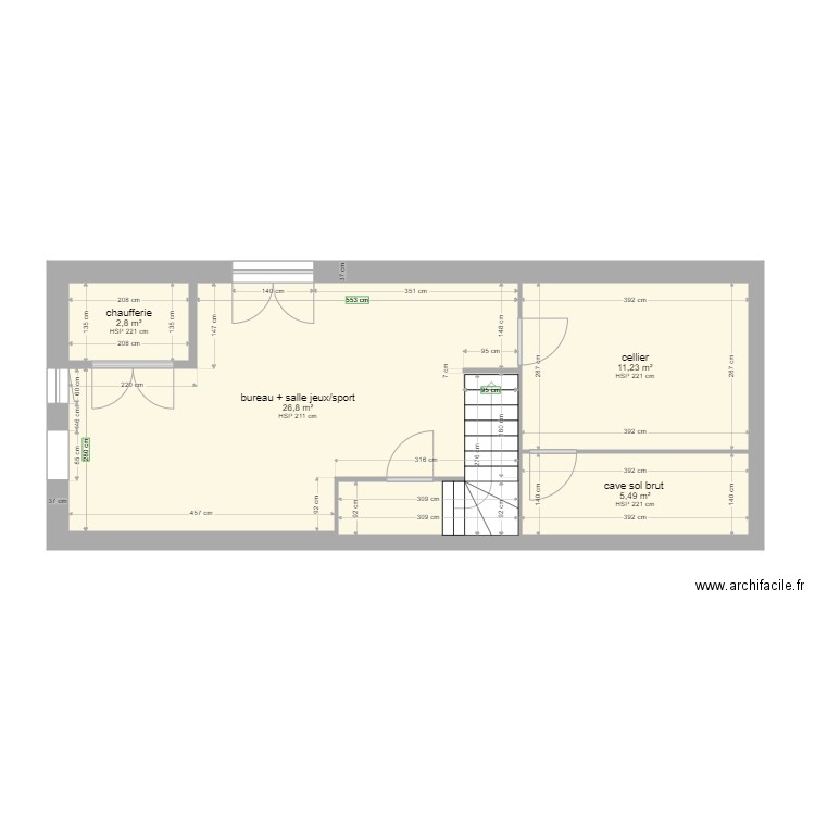 sous sol maison fini. Plan de 5 pièces et 49 m2