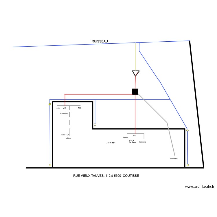 coutisse. Plan de 1 pièce et 35 m2