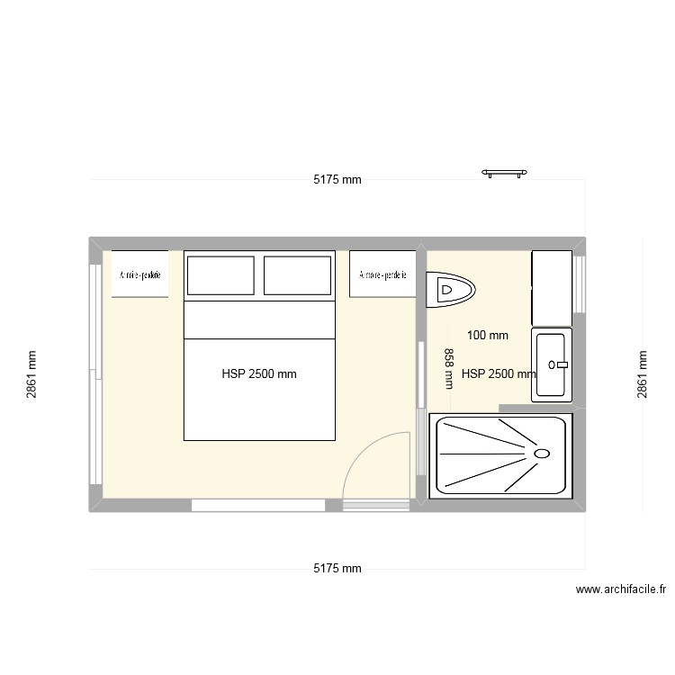 chambre ile verte dilaté V5. Plan de 2 pièces et 12 m2