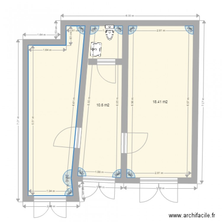 creation de surface 1. Plan de 3 pièces et 43 m2