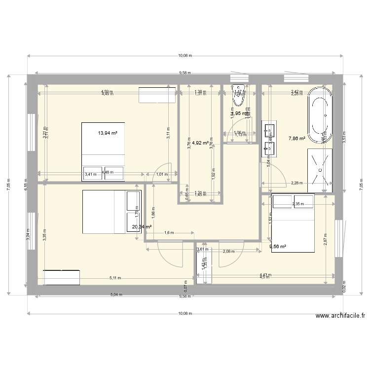 etage . Plan de 6 pièces et 59 m2