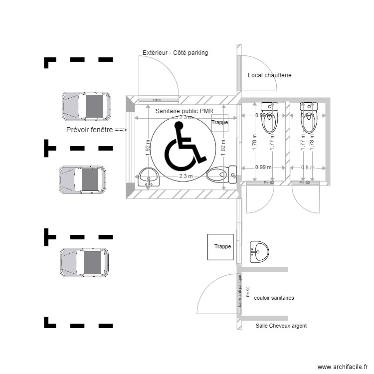 Salle polyvalente Sanitaire Ext V3. Plan de 3 pièces et 8 m2