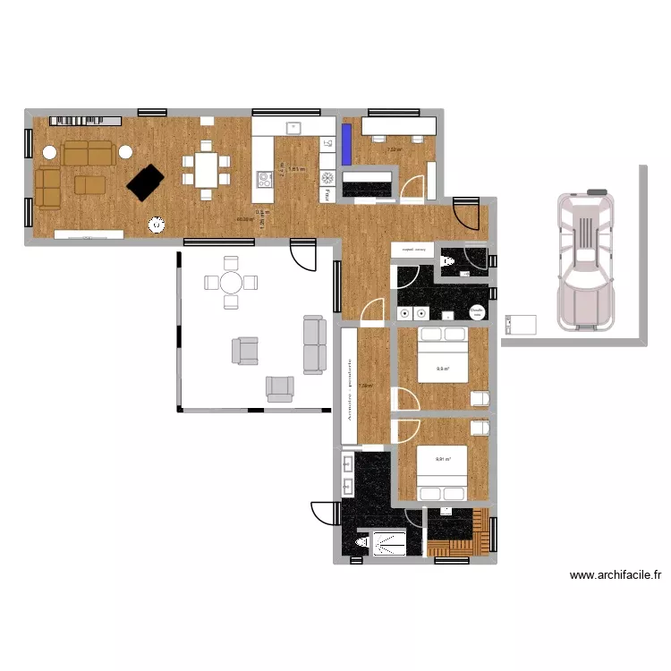 Bungalow L-Form 115 m2. Plan de 10 Pièces et 117 m²