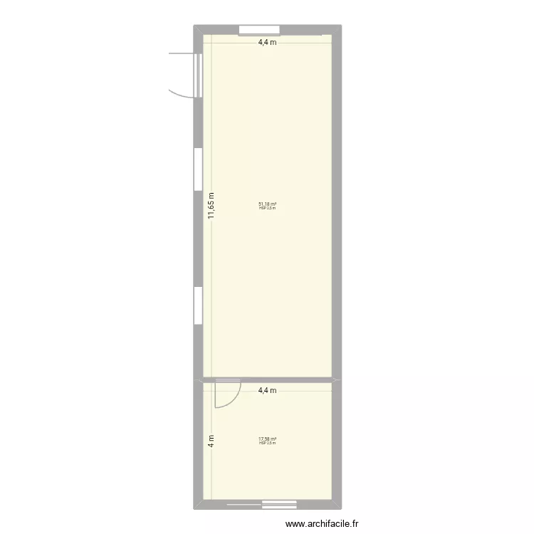 Boulangerie. Plan de 2 pièces et 69 m²