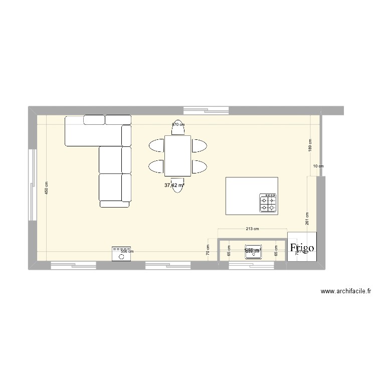 RDC 230314 salon cuisine. Plan de 2 pièces et 39 m2