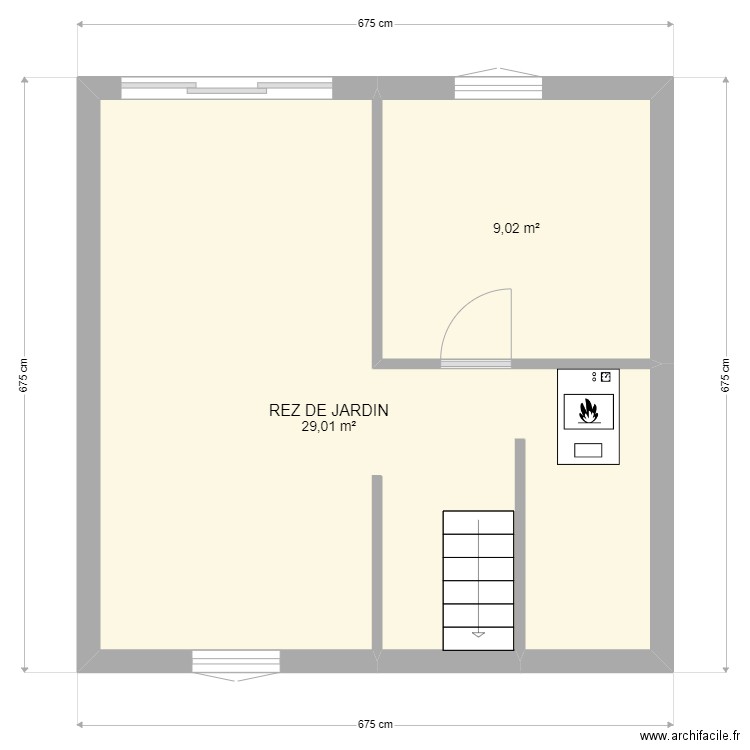 Rez de Jardin. Plan de 2 pièces et 38 m2