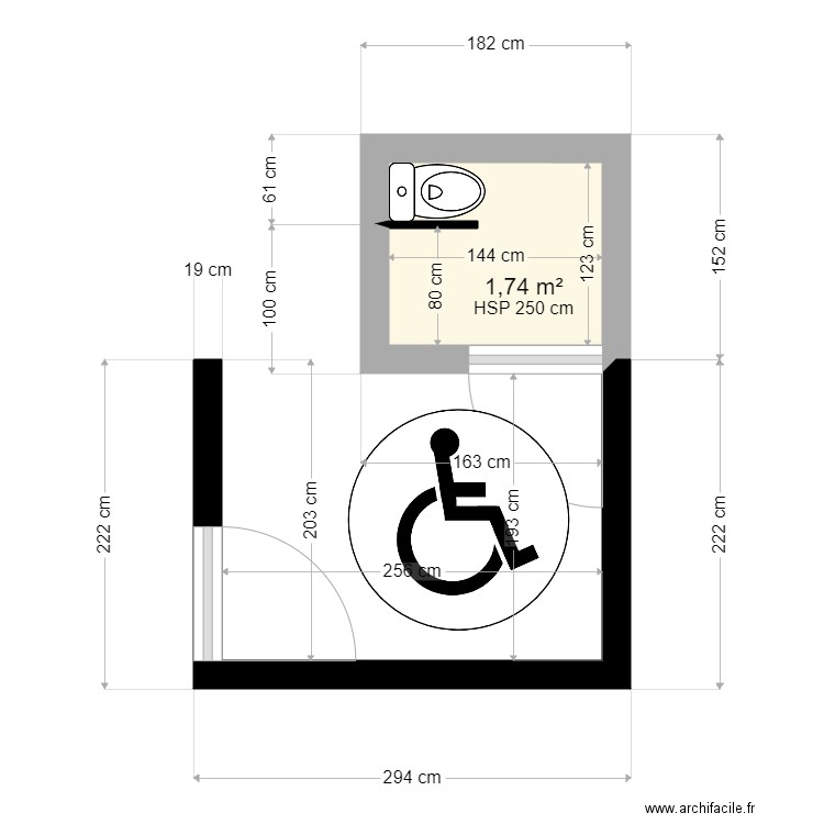 wc handicapés. Plan de 1 pièce et 2 m2