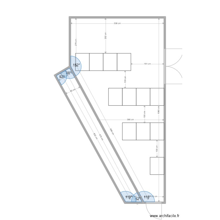 4 temps implantation baies. Plan de 2 pièces et 48 m2