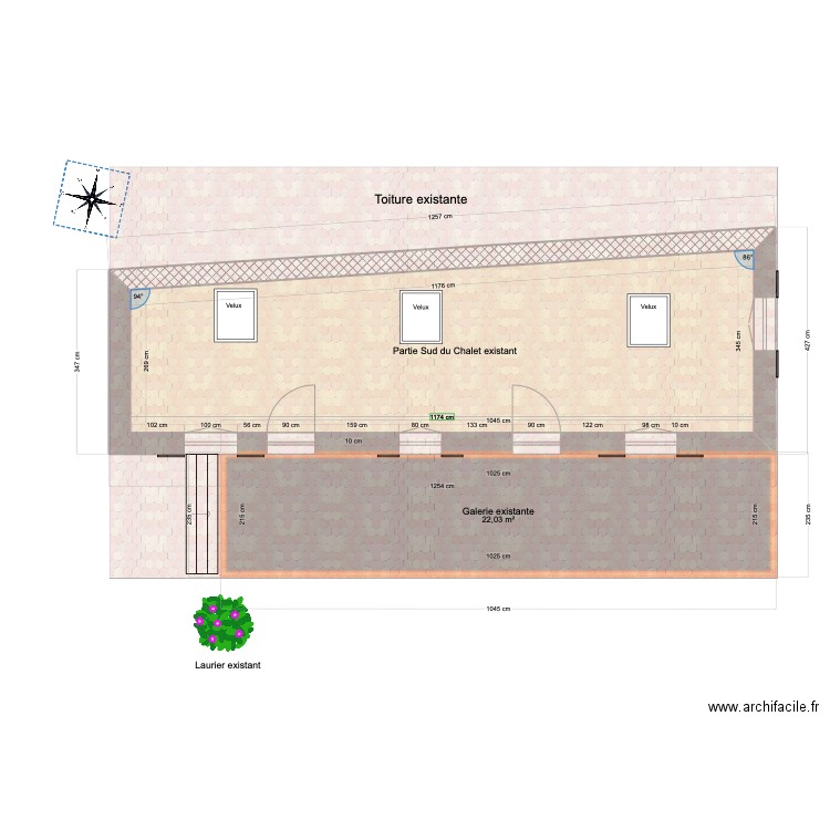 Galerie Montisbrand existant v4 toiture. Plan de 2 pièces et 58 m2