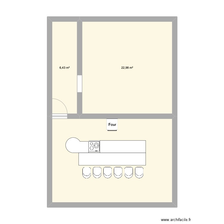 Cuisine Pizz'Box. Plan de 3 pièces et 57 m2