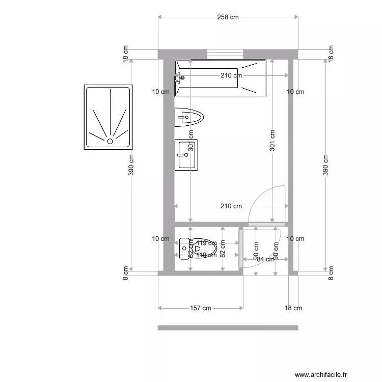 Salle de Bains existant cotation. Plan de 