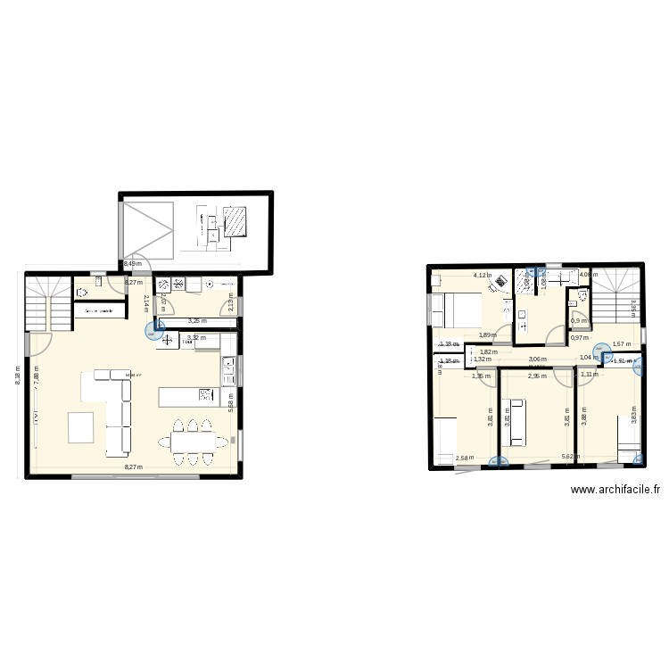 les pennes. Plan de 2 pièces et 128 m2