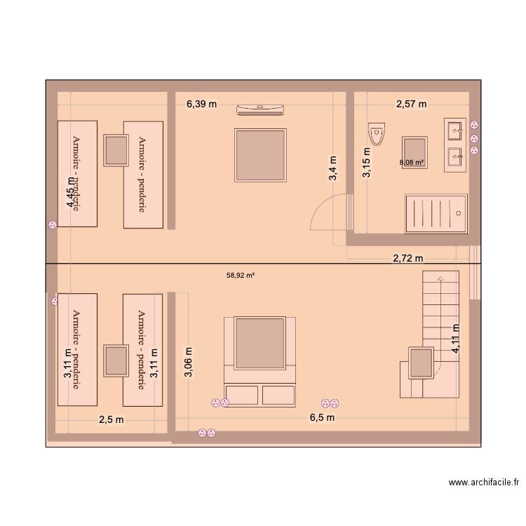 Les combles à Vitry. Plan de 2 pièces et 67 m2