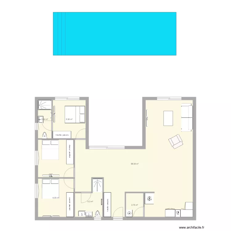 maison principale en u. Plan de 