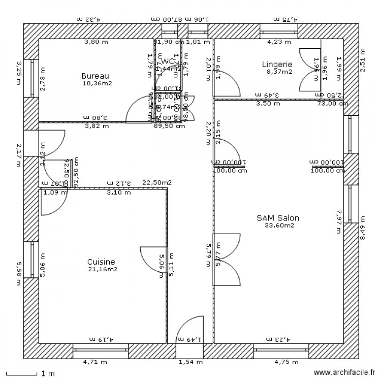 Le bas avec mesures et surfaces. Plan de 0 pièce et 0 m2