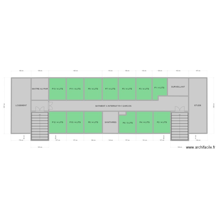 BATIMENT A INTERNAT R+1 GARCONS. Plan de 23 pièces et 86 m2