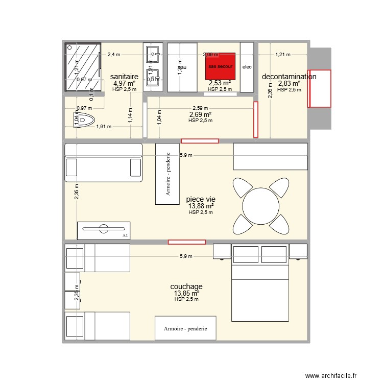 abri. Plan de 6 pièces et 41 m2