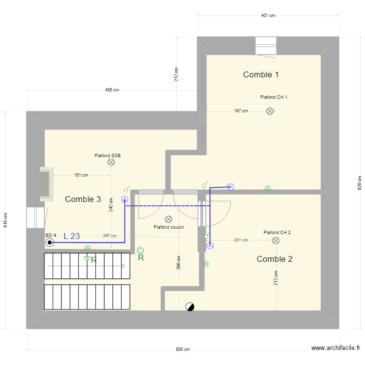 PC COMBLE. Plan de 3 pièces et 45 m2