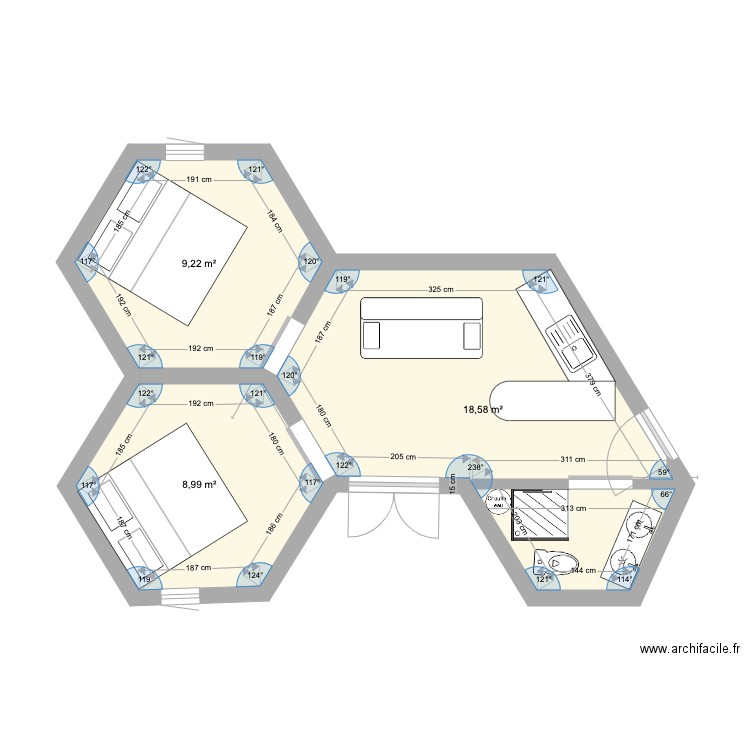 T3 CHANDOURENE. Plan de 3 pièces et 37 m2