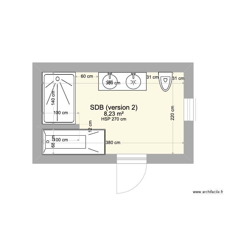 SDB version 2 Nancy et Martin. Plan de 1 pièce et 8 m2