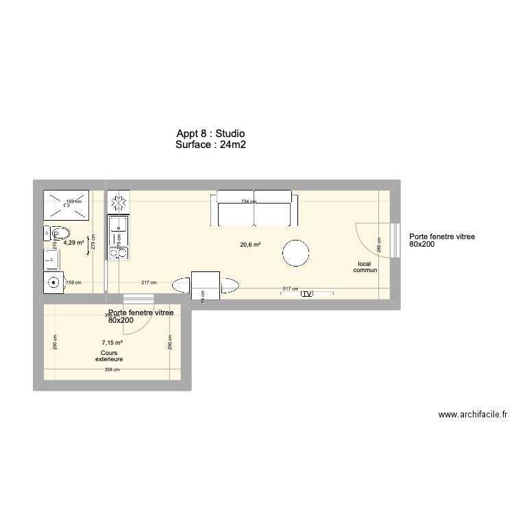 Appt 9 Studio rdc (garage). Plan de 3 pièces et 32 m2