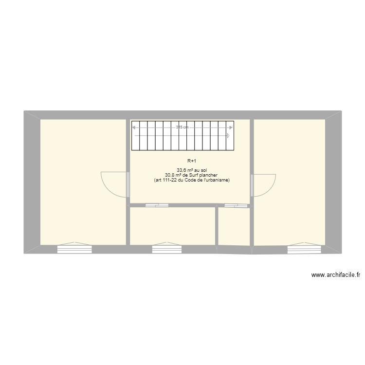 R+1. Plan de 2 pièces et 35 m2