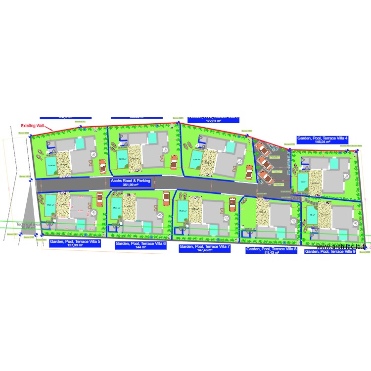 Implantation 9 Villas & Parking V2. Plan de 55 pièces et 3020 m2