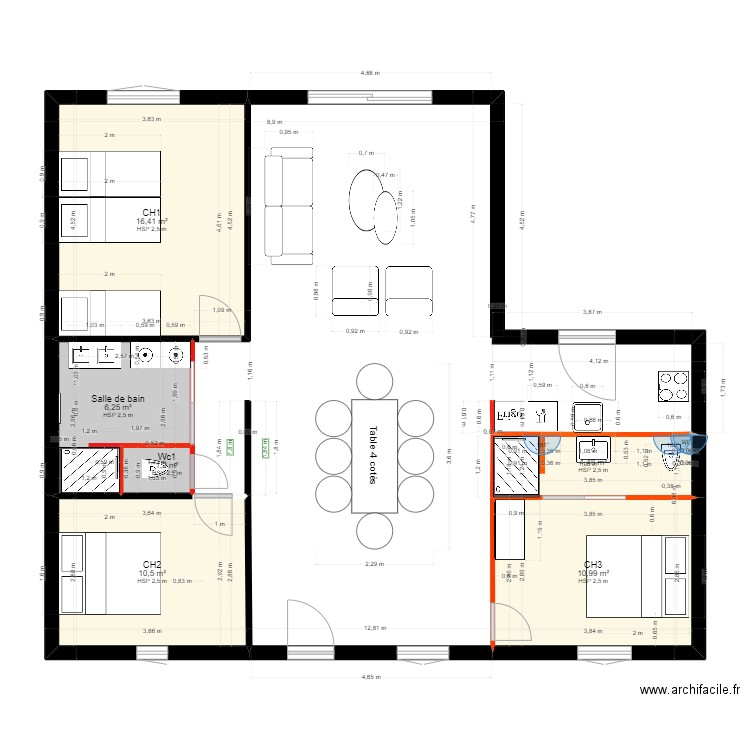 W- plan création cloisons. Plan de 6 pièces et 50 m2