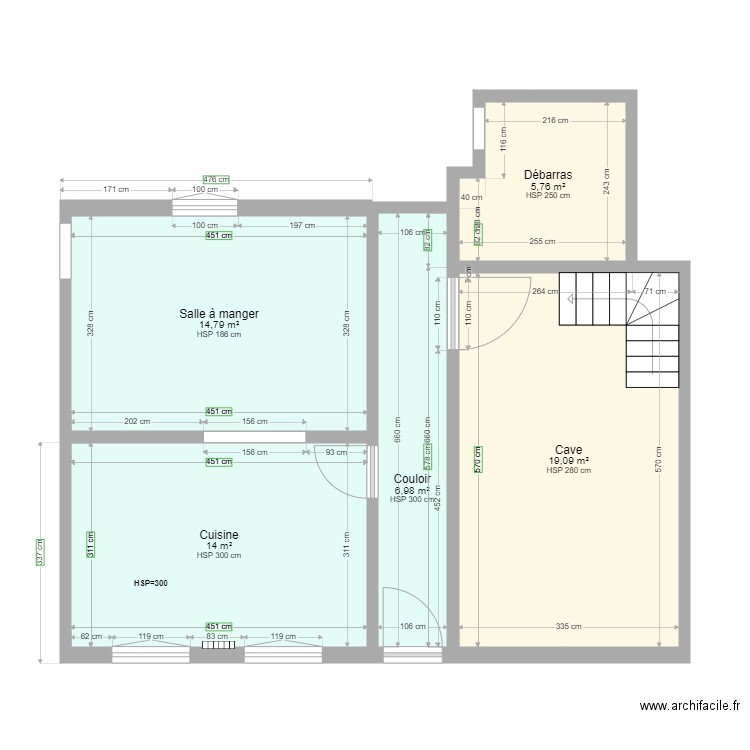 COULOIR RDC COTE BUANDERIE ORIGINAL. Plan de 5 pièces et 61 m2