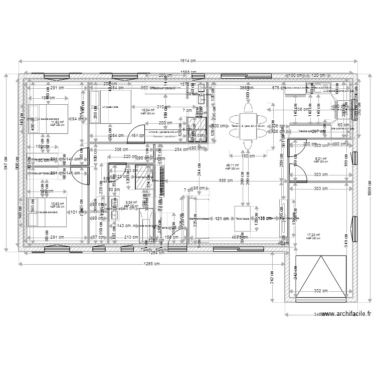 plan 101 m2 en L anti-sismique. Plan de 8 pièces et 125 m2