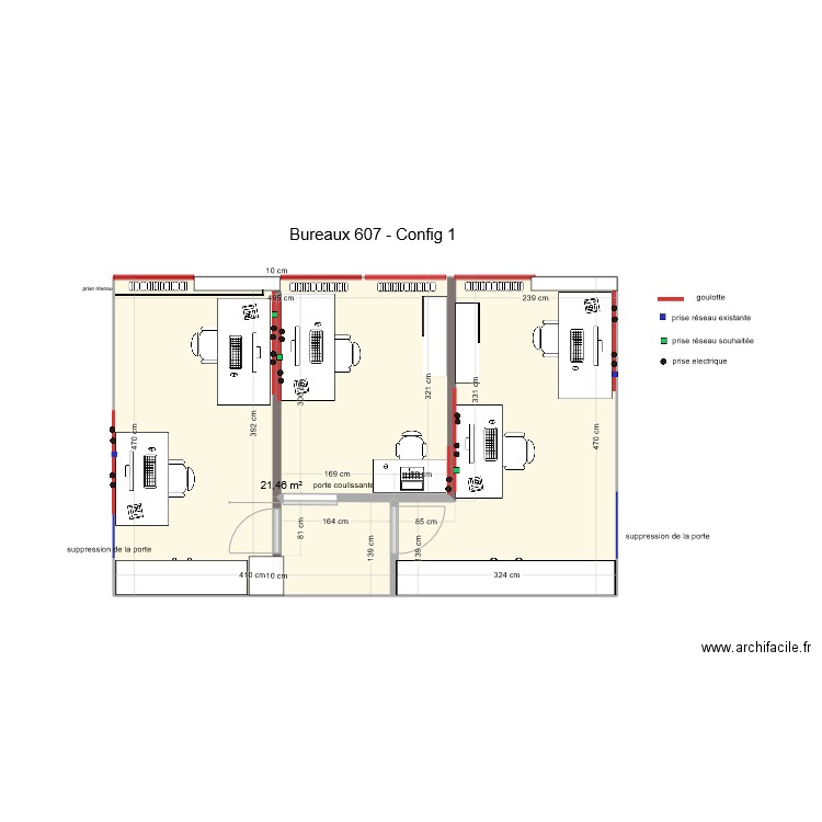 Bureaux 607 config 1 aménagement. Plan de 2 pièces et 34 m2