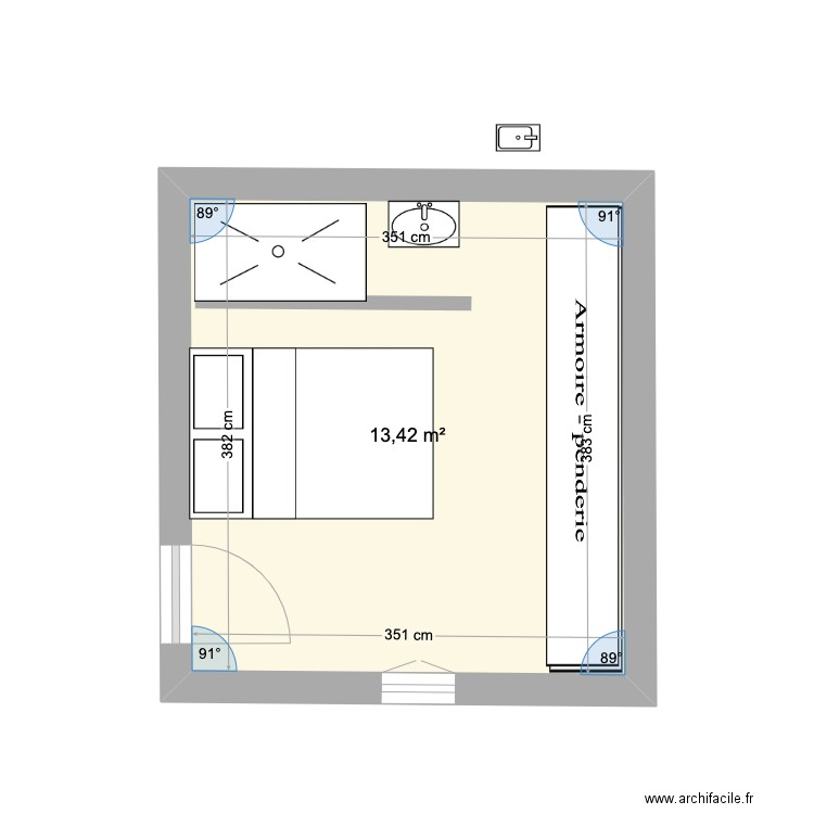 chambre 2. Plan de 1 pièce et 13 m2