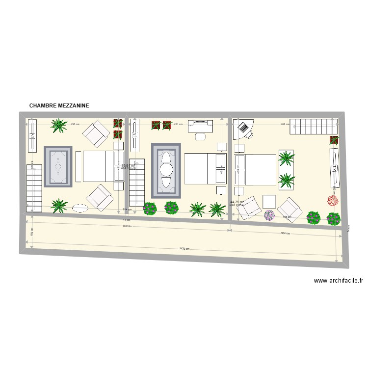 Chambre Mezzanine. Plan de 2 pièces et 85 m2