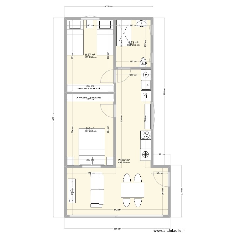 plan T3 Michelle. Plan de 4 pièces et 48 m2