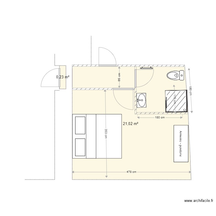 Salle Bain et Chambre 2nd. Plan de 2 pièces et 21 m2