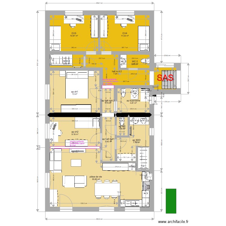 annexe appart 2 ch épine dorsale 2 poutres portantes. Plan de 0 pièce et 0 m2