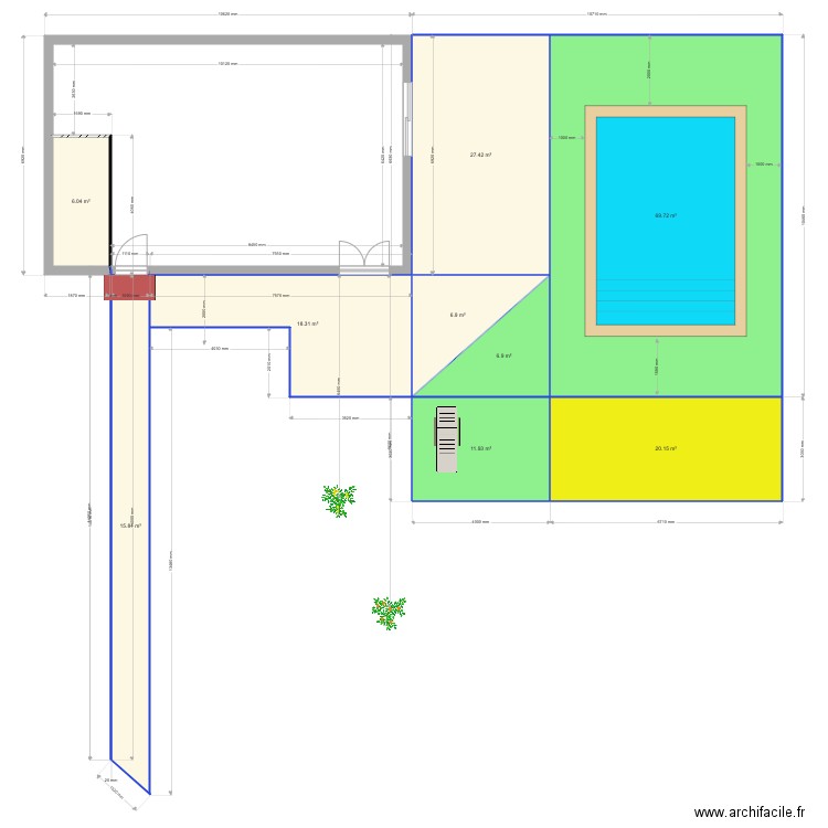 Plan Exterieur terasse avec piscine 6 par 4 et plage. Plan de 0 pièce et 0 m2