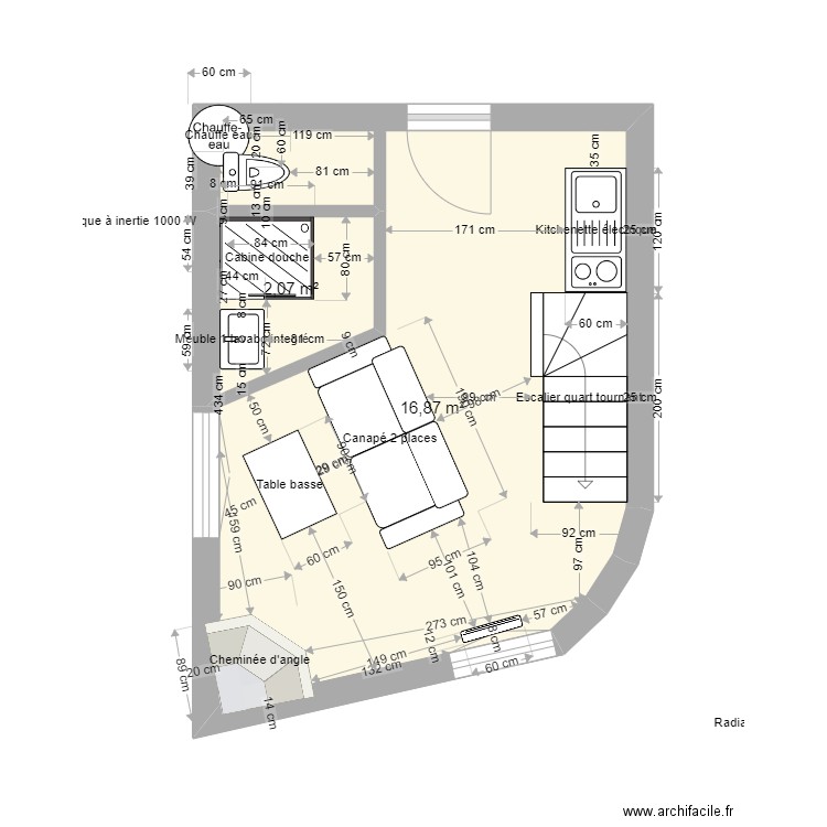 tour. Plan de 2 pièces et 19 m2